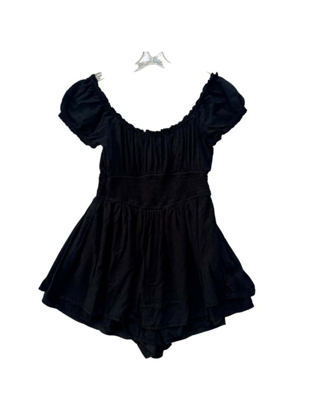 Hollister Women's Smocked Romper Size L Black Peasant Waist Puff Sleeve Lined - Picture 2 of 14